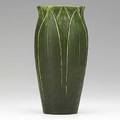 Wilhelmina post grueby vase with fivesided opening tall leaves green glaze circular pottery stamp wp 9 12 x 4 34