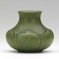 Grueby squat vase vase with leaves matte green glaze possible circular stamp invisible incised e 4 12 x 5