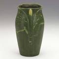 Ruth erickson grueby two color vase thick green glaze and bright yellow buds grueby pottery stamp re bl 1308 8 12 x 5