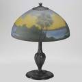 Jefferson table lamp with hemispheric shade reversepainted with a landscape and bronze base shade signed jefferson chip to rim 21 x 16 dia