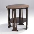 Contemporary stickley lamp table with lower shelf and shoe feet in the style of gustav stickley metal tag 29 x 29 dia