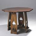 Limbert attr octagonal chestnut lamp table with spade cutout plank sides unmarked 30 12 x 38 12 x 39 14