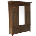 English arts  crafts oak armoire with single drawer pair of inlaid panels and door with beveled mirror pulls missing 81 12 x 63 x 21