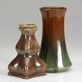 Fulper etc corseted vase in copper to green together with faceted bud vase bud vase with chips to feet fulper marked vase 7 12 x 4 12