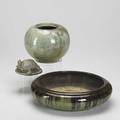 Fulper rookwood fulper spherical vase and low bowl together with a rookwood turtle paperweight all marked low bowl 3 38 x 10