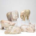 Kenyan soapstone sculptures five pieces rhino two hippopotamus lion and elephant 20th c tallest 7 12