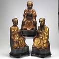 Asian wood figures three seated wisemen each with gilt highlights and authentic facial hair 20th c tallest 20