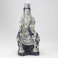 Asian porcelain large blue and white statue of a seated woman with two attendants 9 x 23 x 7 12