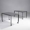 Industrial modern two stainless steel and iron tables on casters unmarked 28 12 x 48 x 30