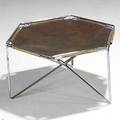 Style of pierre paulin leather and chromed steel stool missing two rods unmarked 10 14 x 16 12 dia