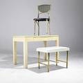 Baker lacquered canvas desk together with decorative iron side chair and brass and vinyl bench unmarked desk 30 x 43 x 23 bench 19 x 26 12 x 16 12