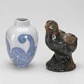Gustavsberg white stoneware vase decorated with waves signed josef ekberg gustavsberg 1903 together with terra cotta chick sculpture vase 6 12x 3 34 dia