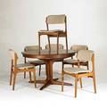 Eric buck six teak dining chairs together with dining table chairs labeled od mobler as denmark table stamped danish control table 29 x 47 dia two leaves 23 12 each