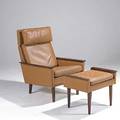 Style of borge mogensen rosewood and leather lounge chair together with ottoman hero mobler made in denmark foil label chair 38 12 x 28 x 32 ottoman 18 x 25 x 16