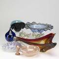 Art glass nine pieces large threearmed sculpture with controlled bubble designs ruffled oval bowl leaf dish teardropshaped paperweight by robert barbor 69 etc sculpture 17 12 x 17 12