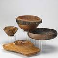 John sage etc macassar ebony turned bowl together with two similar bowls one by johnn pizzollo and a burl wood tray pizzollo 3 12 x 13 12 dia
