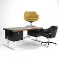 Harvey probber attr teak enameled steel desk together with leather desk chair and wool lounge chair desk 29 x 66 x 30
