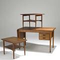 Finn juhl john stewart pair of teak sofa tables together with danish modern dropleaf desk with sliding bank of drawers desk 29 x 63 x 26 tables 20 x 29 12 x 20