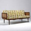 Peter hvidt france  sons teak cane and patterned upholstery settee john stuart metal label 31 x 64 x 30