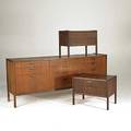 Danish modern walnut and brass triple dresser and pair of nightstands unmarked dresser 32 x 78 x 18 12 and nightstands 20 12 x 26 x 17