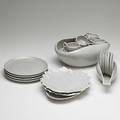 Russell wright approx tewntyfive pices of grey stippled dinnerware seven espresso cups and saucers two leaf form trays gravy boat four 8 plates and etc