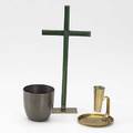 Franz hagenauer wiener werkstatte three pieces two brass pieces cross with green enamel decoration and chamberstick together with wiener werkstatte bronzed cup all marked cross 10