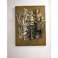 Hal fromhold ceramic wall sculpture people mounted on an oak plaque artist signed 23 34 x 18 x 5 12