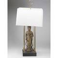 Style of james mont brass table lamp with found guanying and square linen shade unmarked 41 x 17 sq