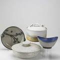 Studio pottery four glazed earthenware vessels all illegibly marked largest lidded vessel 6 x 13 12 dia