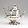 Rogers  wendt coin silver coffee pot boston ca 1860 footed inverted pear form melon lobed with bird spout and flower finial script monogram 34 ot 8