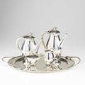 Woodside silver coffee service ca 1950 five pieces in the danish style with open floral columns bud handles and finials 11 14 coffee pot 9 12 teapot 5 12 covered sugar 6 cream pitcher
