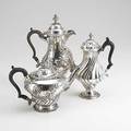 Three english silver coffee or teapots 18891904 william comyns 10 12 coffee pot and 7 12 teapot with floral repousse unrecognized london maker ws and gs 65 ot
