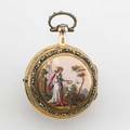 Enameled 18k gold ja rey  fils fusee watch ca 1780 geneva 2153 jean antoine rey 16821787 louis xvi style bezel set with foil backed rose cut pastes variously colored gold garlands romant