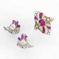 Diamond and ruby jewelry 20th c platinum earrings each an oec diamond approx 55 ct diamond melee and three step cut rubies unmarked 92 gs 816 18k wg and yg ring with oval and calibre cut