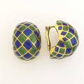 David webb enameled gold ear clips 18k arch forms with diamondshaped lattice of blue and green enamel marked webb in original suede box 372 gs