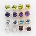 Eight pair gemstone or diamond stud earrings colorful wardrobe of contemporary cushion cut gemstones in 14k wg or yg filigree and wg diamond clusters garnet peridot amethyst blue topaz and aquamar