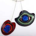 Pierre cardin couture futuristic pendants two bold colorful enameled copper and fused glass pendants with torque ca 1970 both signed p cardin paris one tag pf58 largest 5 14