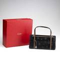 Cartier limited edition pony fur cabochon handbag anniversary black pony skin embossed with double c monogram brown goat skin handles and trim certification card ml201298 original booklet dus