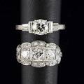 Two art deco diamond platinum rings chased engagement ring oec approx 1 cts with baguette shoulders lateral cocktail ring with threestone design and diamond melee approx 15 cts tw 94 gs