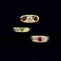 Diamond and gemset gypsy mount gold rings 18k yg with 60 ct diamond and two rubies 14k yg with diamonds and red or green gems approx 125 cts tw diamonds 181 gs sizes 6 12