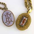 Two victorian gold and hardstone lockets one american archaeological style with cameo and rope chain another with carved monogram and vacant bloodstone obverse double reeded link 757 gs gw large