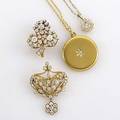 Four pieces gold and diamond jewelry ca 1900 cluster pendant 14k locket by carter  gough 18k openwork crown brooch with floriform pendant clover brooch oec diamonds approx 45 cts tw 276 gs