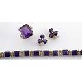 Assembled suite of amethyst 14k gold jewelry ca 1940 ring with rectangular amethyst flanked by six diamonds bracelet with amethyst and split pearl links cloverform ear clips with diamonds 547