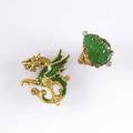 Dragon motif jewels ca 1900 enameled 18k yg brooch with button pearl green garnet eye shepherds hook obverse dated 1908 1 18 14k jade buddha ring with diamond accents to dragon shoulders siz