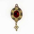 Enameled gold holbeinesque brooch garnet carbuncle and square cut foilbacked chrysoberyls england ca 1870 in 18k yg with blue green and red enamel chased obverse with glazed compartment for h