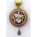 Vatican mosaic workshop micromosaic pendantbrooch rome ca 1855 circular brooch of bloomed 18k gold depicts doves and grapevines on red ground geometric micromosaic border and drop detachable bai