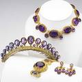 Amethyst and gold cannetille parure pinkish yellow gold with green gold rosettes and details the coronet in silvergilt ca 1840 girondole earrings coronet with comb 14 festoon necklace 6 12