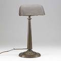 Emeralite desk lamp etched amber glass shade on columnar metal base 20th c metal emeralite tag on shade 18 x 8 dia