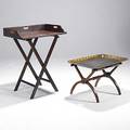 Two tray tables tole tray with zebra decoration together with galleried mahogany tray 19th c larger 38 x 29 34 x 20