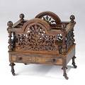 Continental canterbury burl wood with pierced decoration on casters 19th c 23 x 23 12 x 17